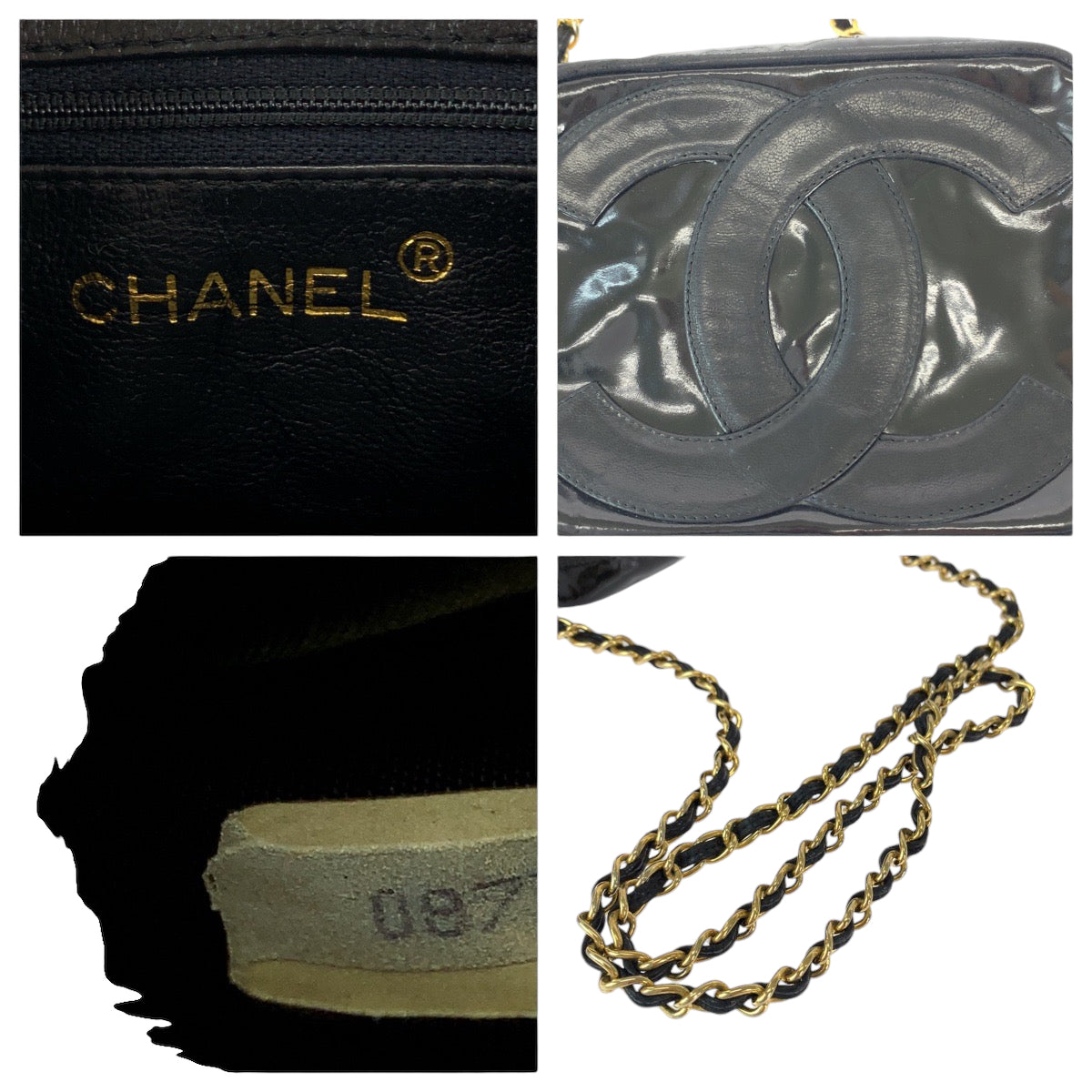 Chanel Shoulder Bag Patent Leather Black Gold Metal Chain Shoulder Bag Pochette Camera Bag Big Coco Mark Tassel Fringe Women Used Authentic