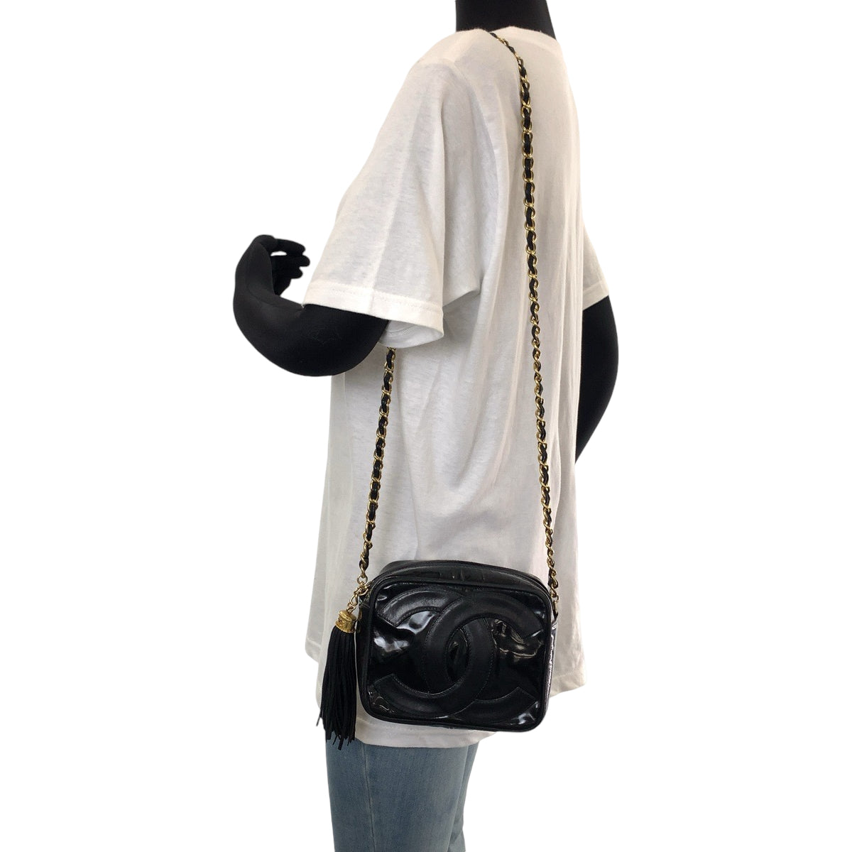 Chanel Shoulder Bag Patent Leather Black Gold Metal Chain Shoulder Bag Pochette Camera Bag Big Coco Mark Tassel Fringe Women Used Authentic