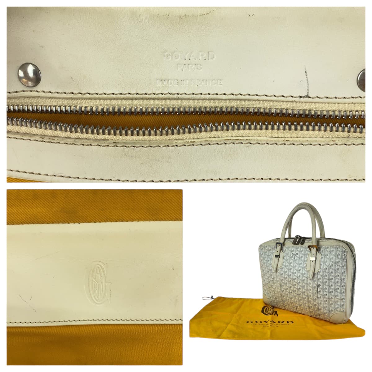 Goyard Business Bag Leather White Gray Silver Metal Business Bag Handbag Ambasard Pm Women Used Authentic