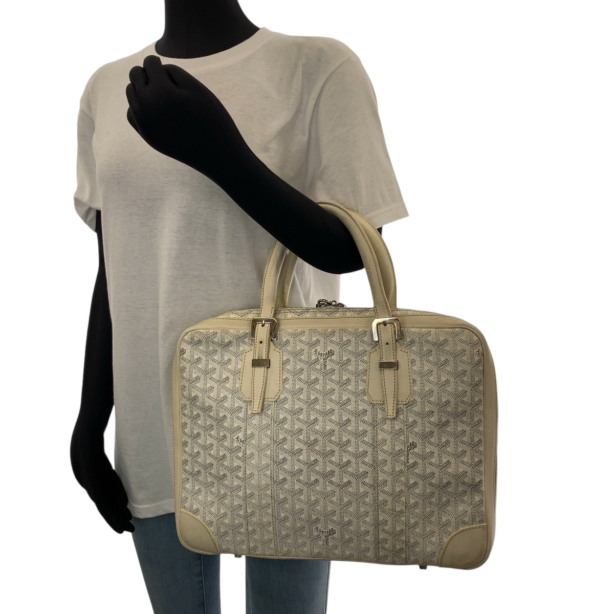 Goyard Business Bag Leather White Gray Silver Metal Business Bag Handbag Ambasard Pm Women Used Authentic