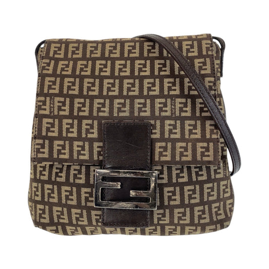 Fendi Shoulder Bag Canvas Brown Silver Metal Crossbody Shoulder Bag Pochette Zucchino Kamsepochet Women Used Authentic