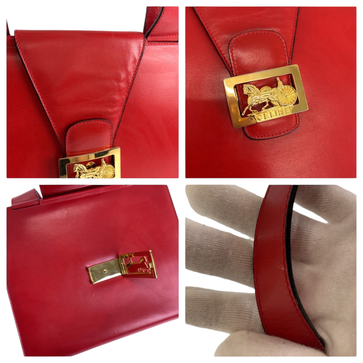 Celine Handbag Leather Red Gold Metal Handbag Hose Carriage Carriage Women Used Authentic