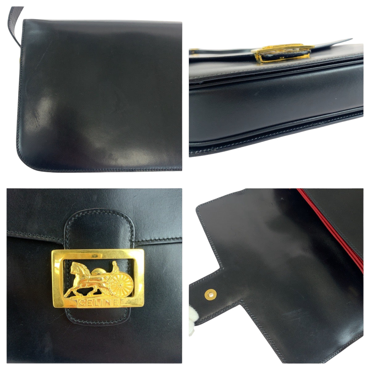 Celine Shoulder Bag Leather Black Gold Metal Shoulder Bag Crossbody Horse Carriage Women Used Authentic