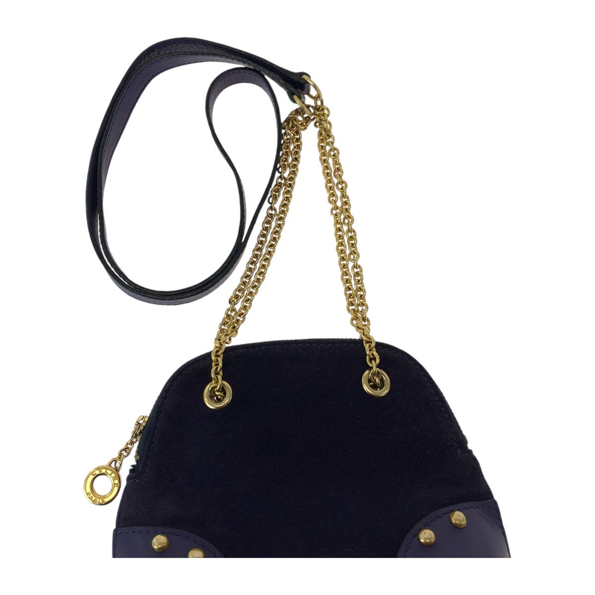 Celine Shoulder Bag Suede, Leather Purple Violet Gold Metal Crossbody Mini Shoulder Bag Pochette Circle Logo Studs Women Used Authentic