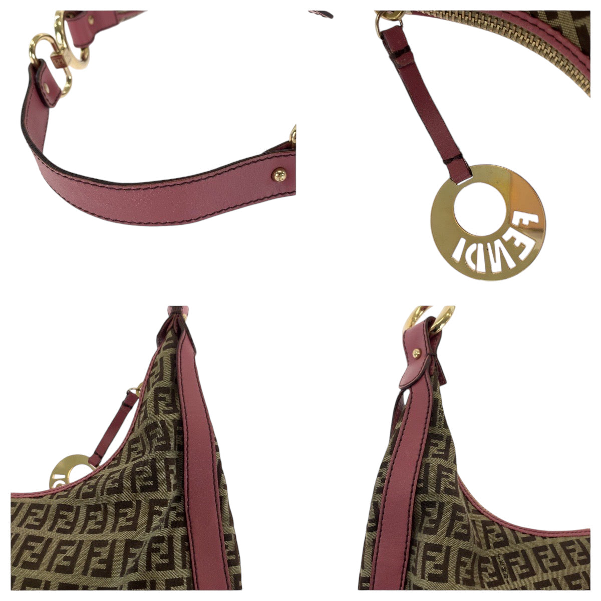 Fendi Shoulder Bag Canvas Brown Pink Gold Metal Shoulder Bag Zucchino Chef Hobo Women Used Authentic