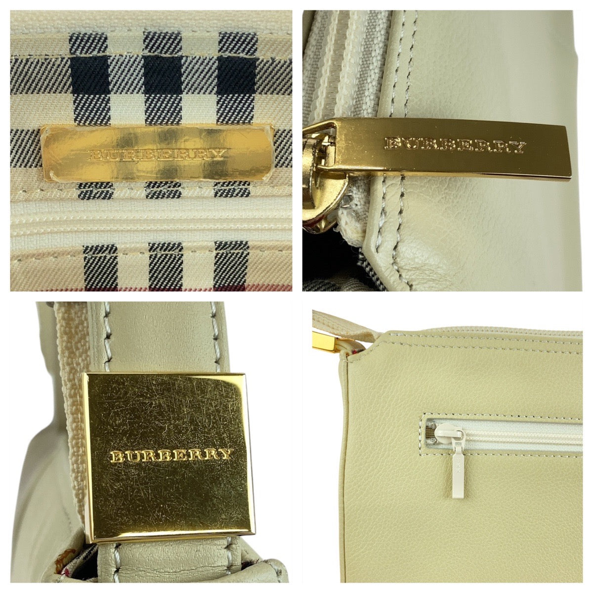 Burberry Handbag Leather Off White Cream Gold Metal Handbag Shoulder Bag Medium Check Pattern Women Used Authentic