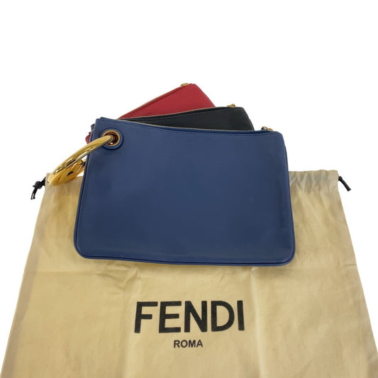 Fendi Clutch Bag Leather Blue Red Black Gold Metal Clutch Bag Accessory Pouch Triplet Women Used Authentic