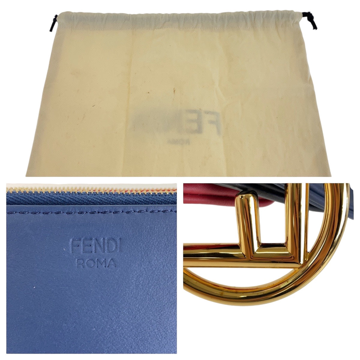 Fendi Clutch Bag Leather Blue Red Black Gold Metal Clutch Bag Accessory Pouch Triplet Women Used Authentic