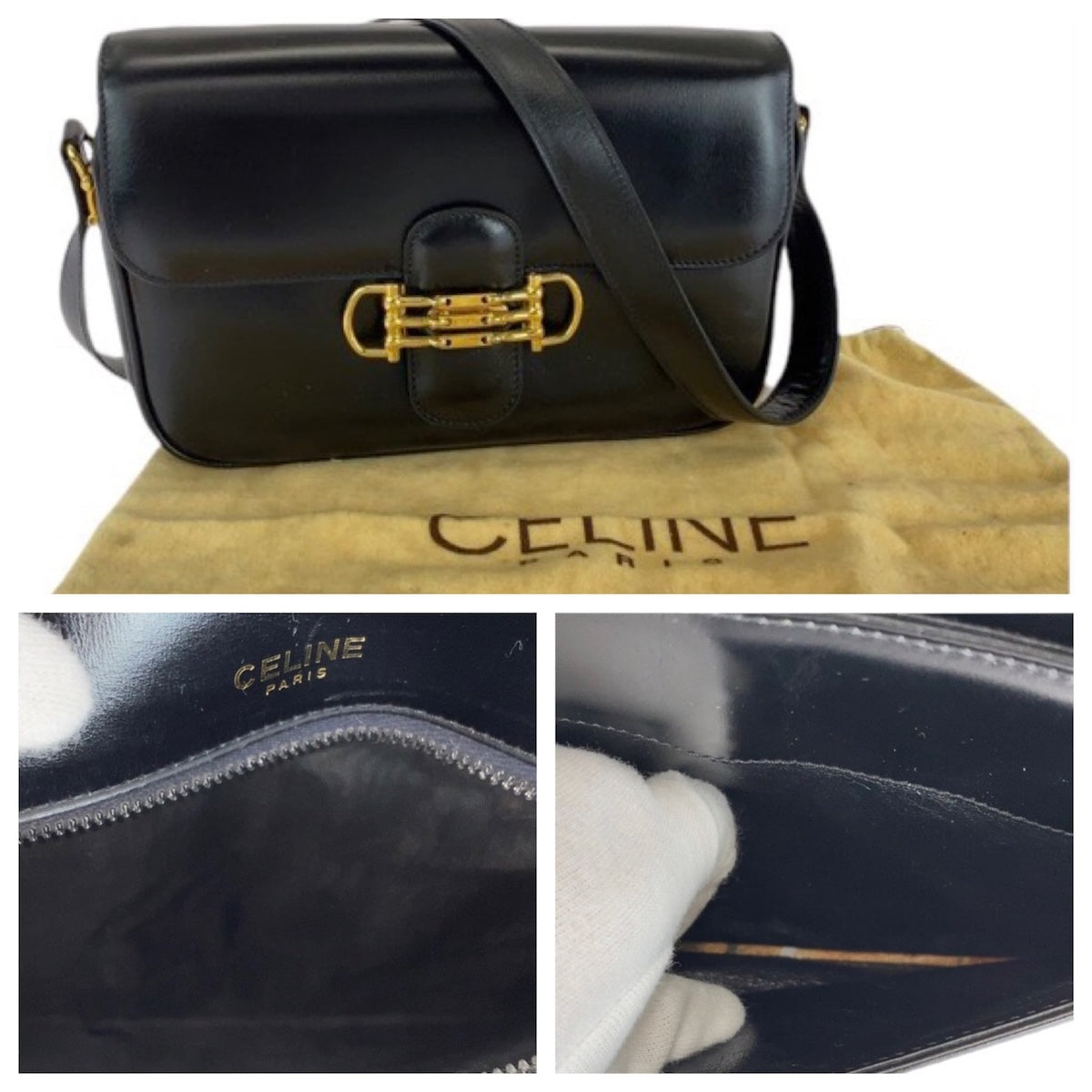 Celine Shoulder Bag Leather Black Gold Metal Shoulder Bag Pochette Horsebit Women Used Authentic