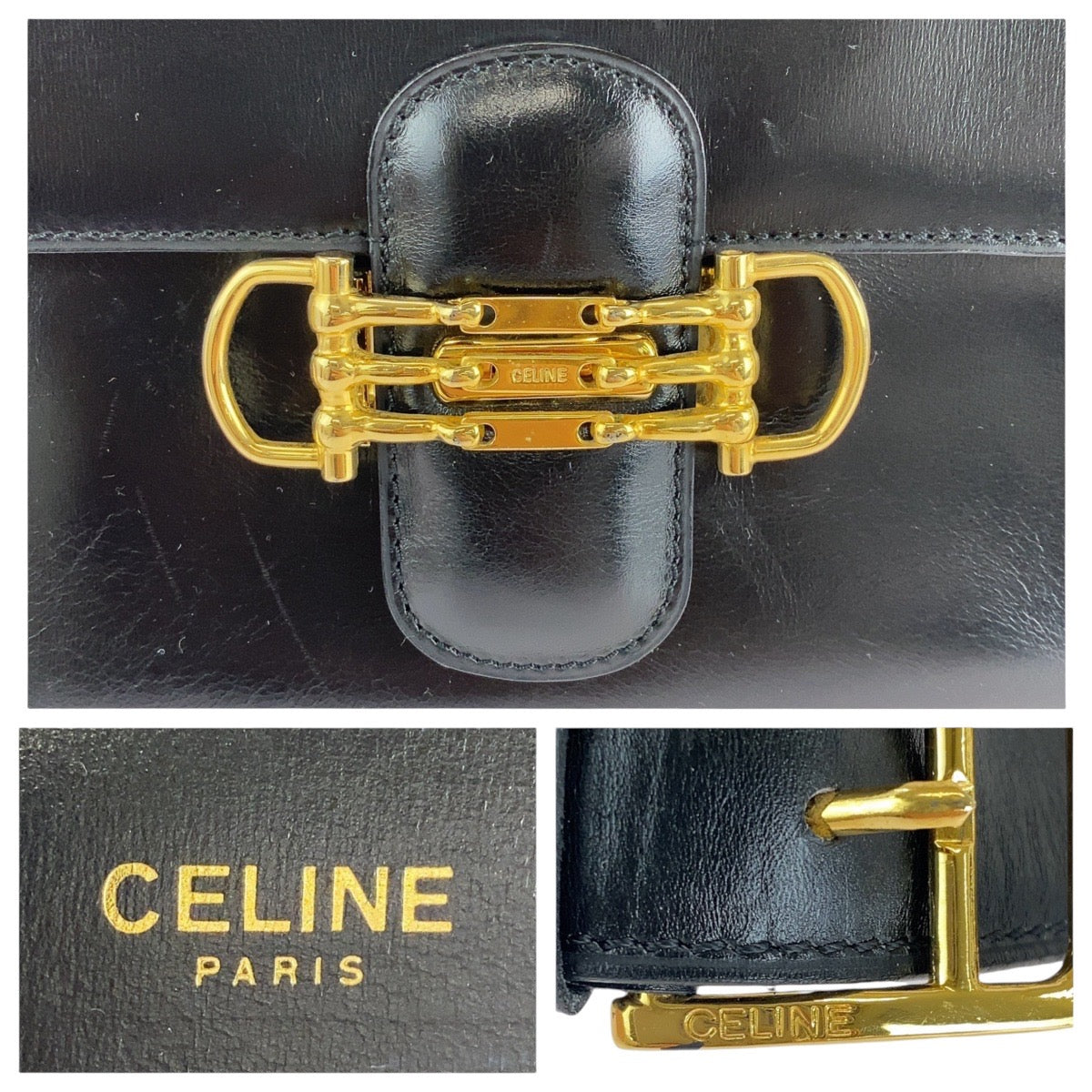 Celine Shoulder Bag Leather Black Gold Metal Shoulder Bag Pochette Horsebit Women Used Authentic