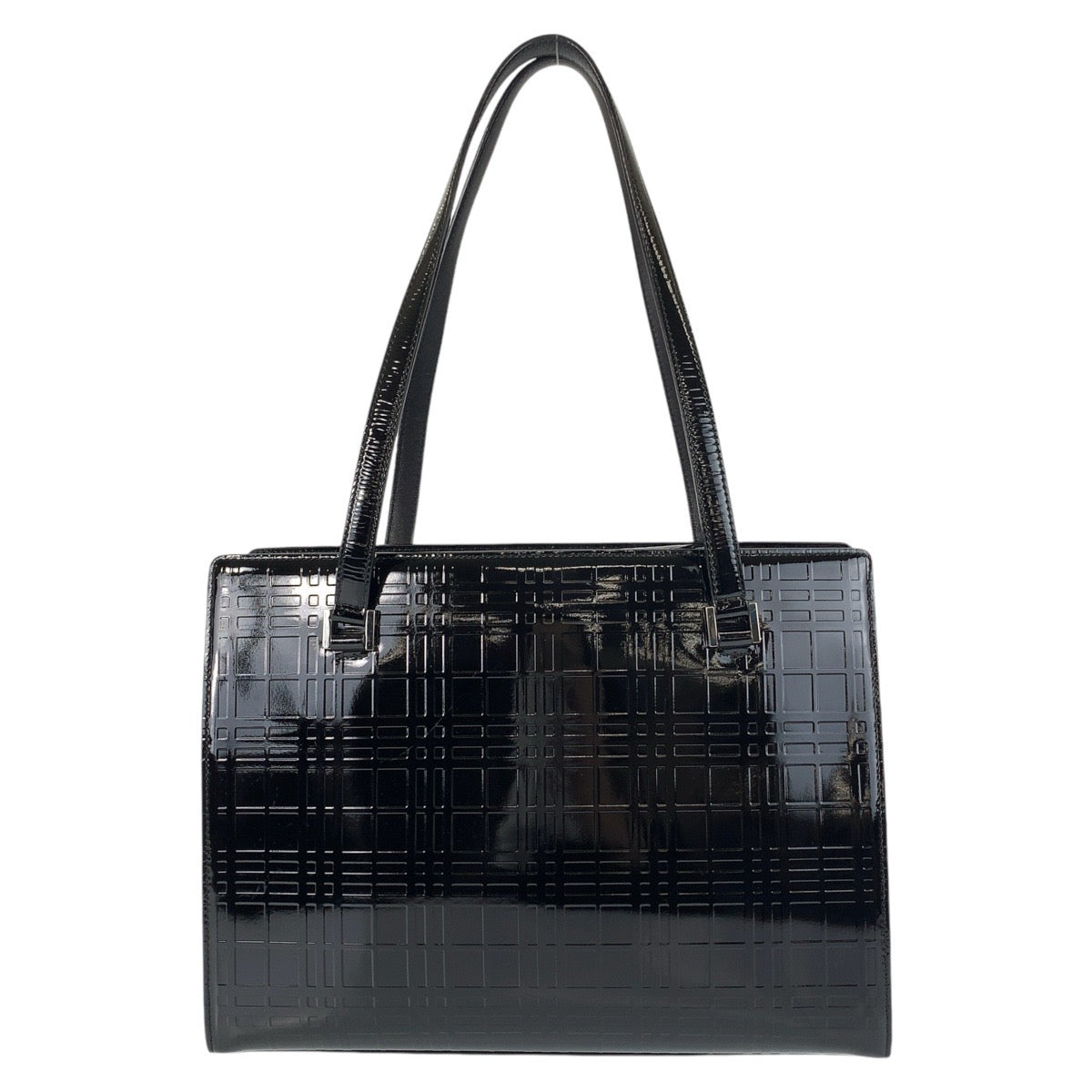 Burberry Tote Bag Patent Leather Black Silver Metal Tote Bag Shoulder Bag Check Pattern Embossed Women Used Authentic