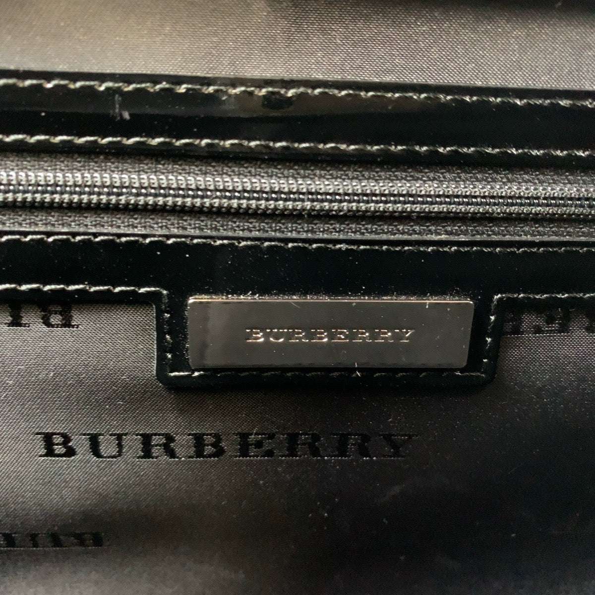 Burberry Tote Bag Patent Leather Black Silver Metal Tote Bag Shoulder Bag Check Pattern Embossed Women Used Authentic