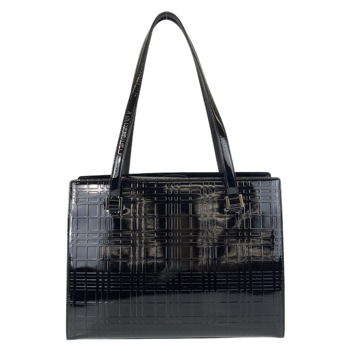 Burberry Tote Bag Patent Leather Black Silver Metal Tote Bag Shoulder Bag Check Pattern Embossed Women Used Authentic