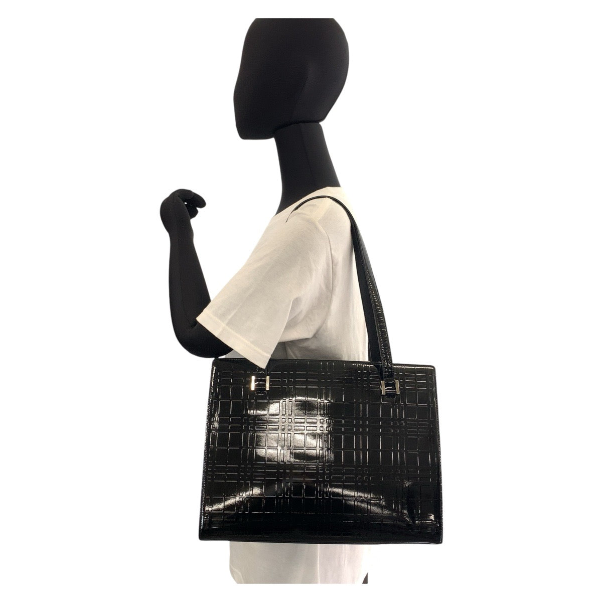 Burberry Tote Bag Patent Leather Black Silver Metal Tote Bag Shoulder Bag Check Pattern Embossed Women Used Authentic