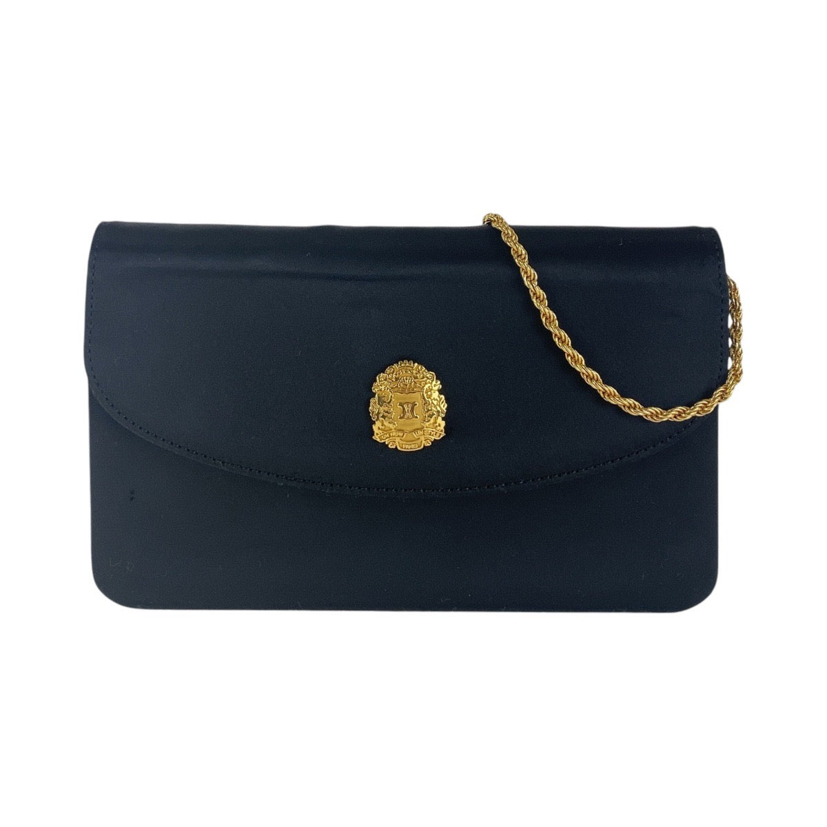 Celine Shoulder Bag Satin Black Gold Metal Chain Shoulder Bag Pochette Triomphe Blason Women Used Authentic