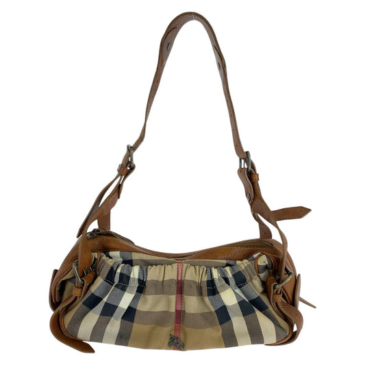 Burberry Shoulder Bag Canvas, Leather Brown Beige Gunmetal Metal Prorsum Check Pattern Women Used Authentic