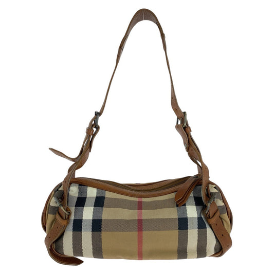 Burberry Shoulder Bag Canvas, Leather Brown Beige Gunmetal Metal Prorsum Check Pattern Women Used Authentic