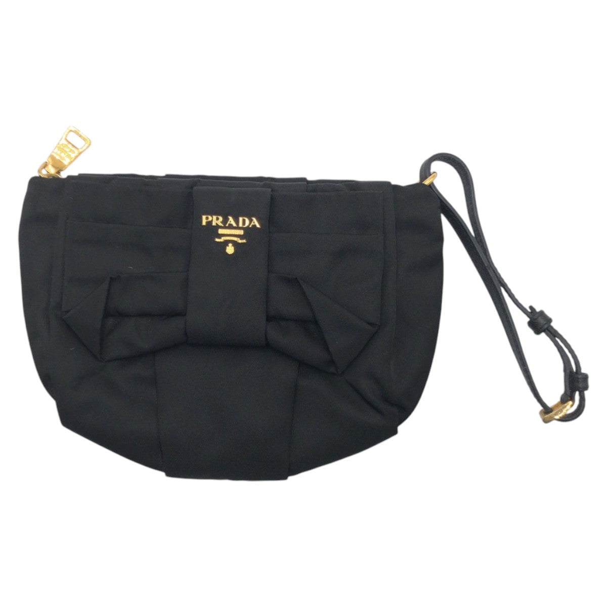 Prada Clutch Bag 1 N1422 Nylon Black Gold Metal Clutch Bag Wristlet Pouch Fiocco Women Used Authentic