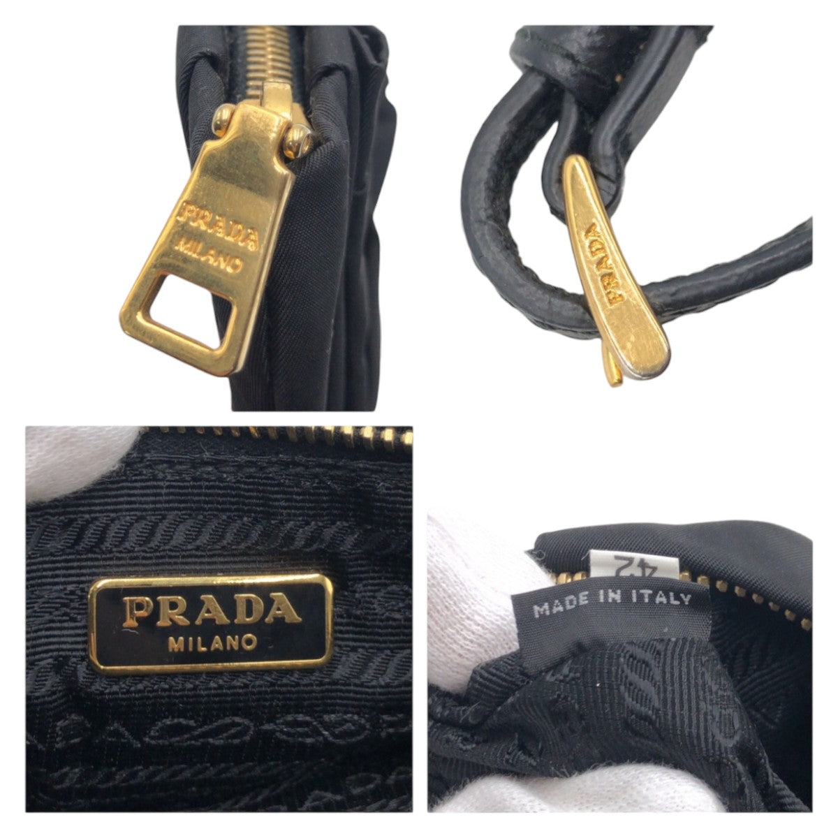 Prada Clutch Bag 1 N1422 Nylon Black Gold Metal Clutch Bag Wristlet Pouch Fiocco Women Used Authentic