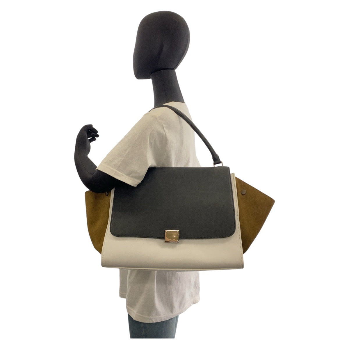 Celine Handbag Leather, Suede Black White Khaki Handbag Shoulder Bag Trapeze Women Used Authentic