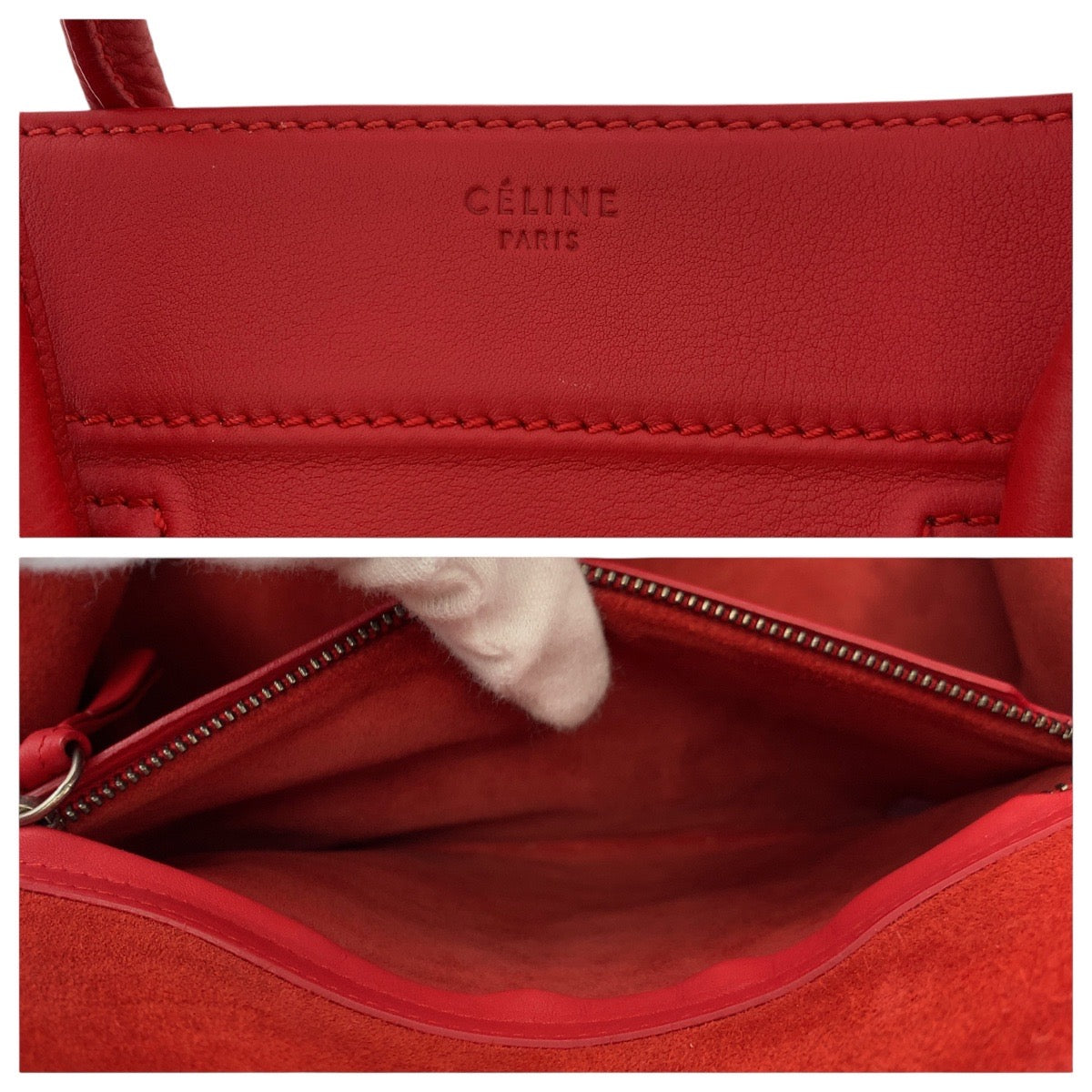 Celine Tote Bag Leather Red Silver Metal Tote Bag Handbag Luggage Phantom Women Used Authentic