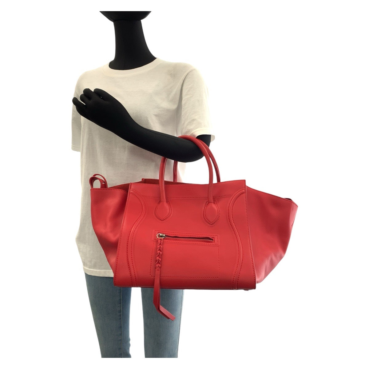 Celine Tote Bag Leather Red Silver Metal Tote Bag Handbag Luggage Phantom Women Used Authentic