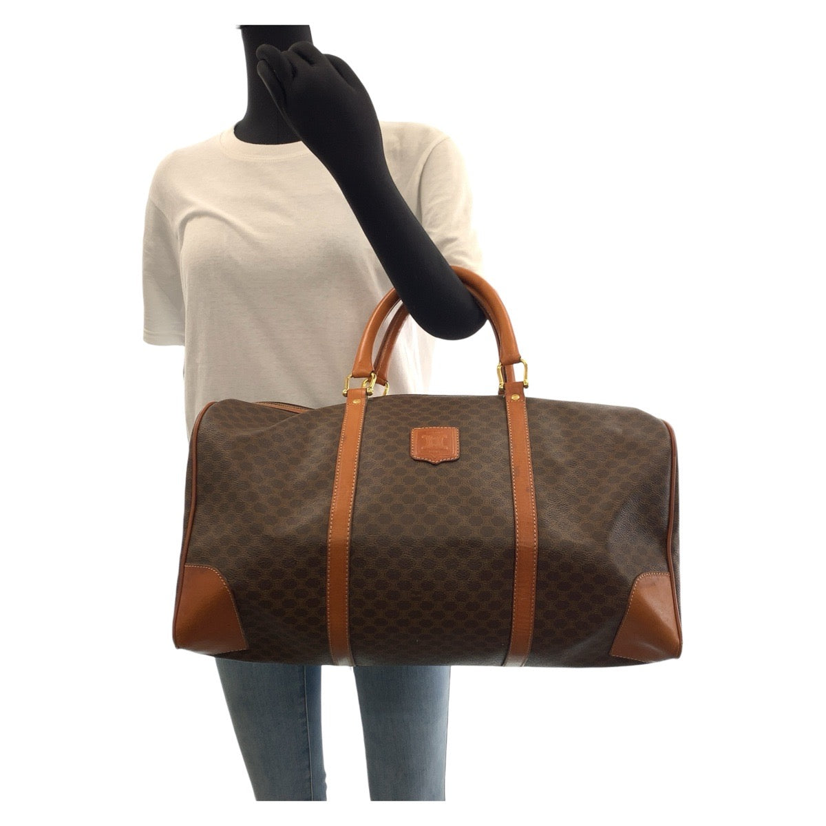 Celine Boston Duffel Bag Pvc, Leather Brown Gold Metal Boston Duffel Bag Unisex Macadam Women Used Authentic