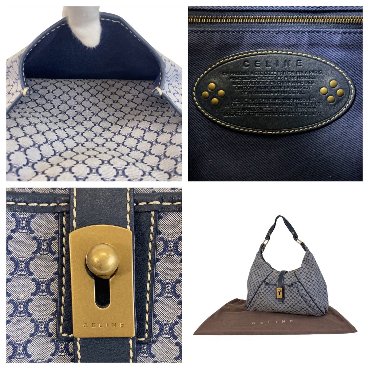 Celine Shoulder Bag Canvas, Leather Gray Navy Gold Metal Hobo Shoulder Bag Macadam Women Used Authentic