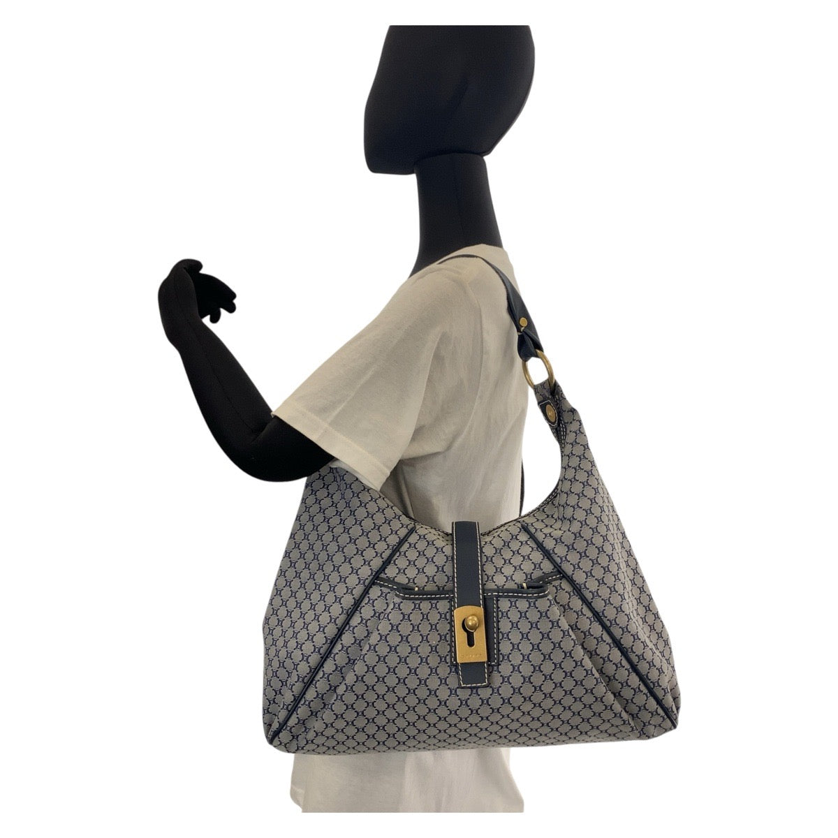 Celine Shoulder Bag Canvas, Leather Gray Navy Gold Metal Hobo Shoulder Bag Macadam Women Used Authentic