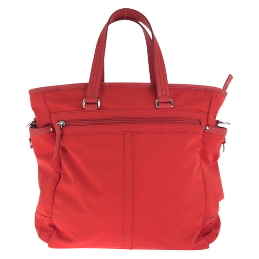 Coach Tote Bag Nylon, Leather Red Silver Metal Tote Bag Shoulder Bag 2 Way Women Used Authentic