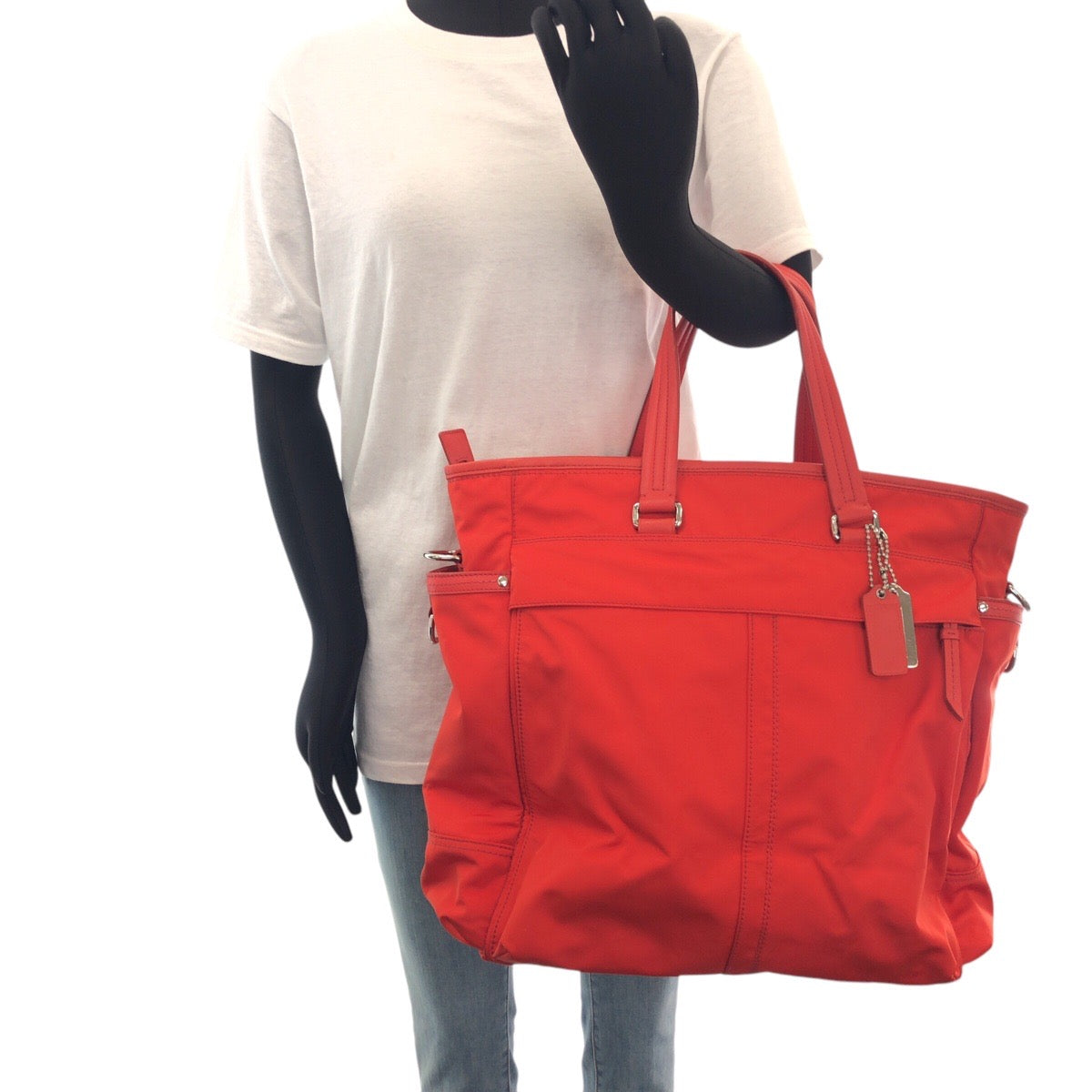 Coach Tote Bag Nylon, Leather Red Silver Metal Tote Bag Shoulder Bag 2 Way Women Used Authentic