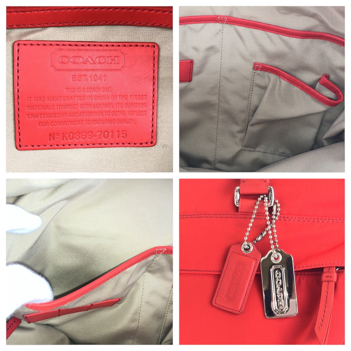 Coach Tote Bag Nylon, Leather Red Silver Metal Tote Bag Shoulder Bag 2 Way Women Used Authentic