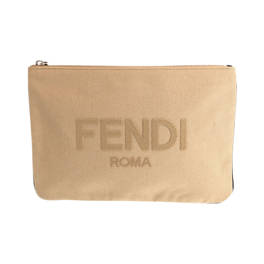 Fendi Clutch Bag Canvas Beige Silver Metal Clutch Bag Business Bag Pouch Logo Women Used Authentic