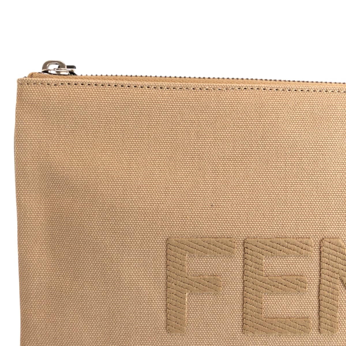 Fendi Clutch Bag Canvas Beige Silver Metal Clutch Bag Business Bag Pouch Logo Women Used Authentic