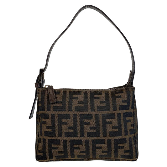 Fendi Shoulder Bag Canvas, Leather Brown Silver Metal Shoulder Bag Accessory Pouch Zucca Women Used Authentic