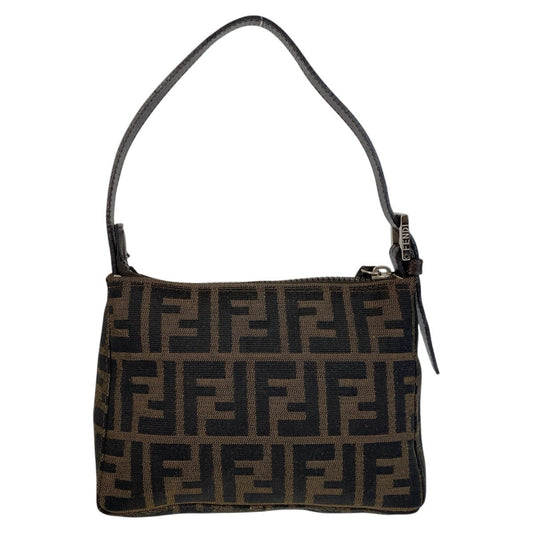 Fendi Shoulder Bag Canvas, Leather Brown Silver Metal Shoulder Bag Accessory Pouch Zucca Women Used Authentic