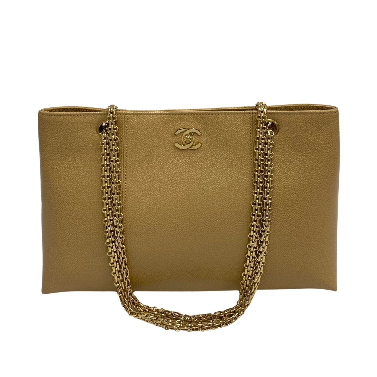 Chanel Tote Bag Leather Beige Caviar Skin Chain Tote Women Used Authentic