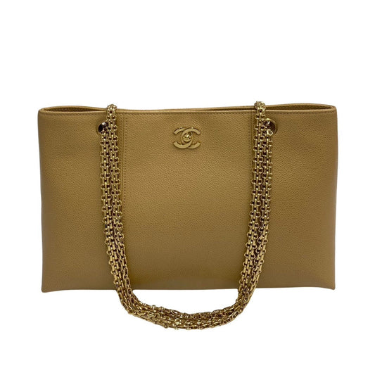 Chanel Tote Bag Leather Beige Caviar Skin Chain Tote Women Used Authentic