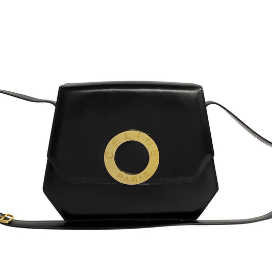 Celine Shoulder Bag Calfskin Black Circle Logo Women Used Authentic