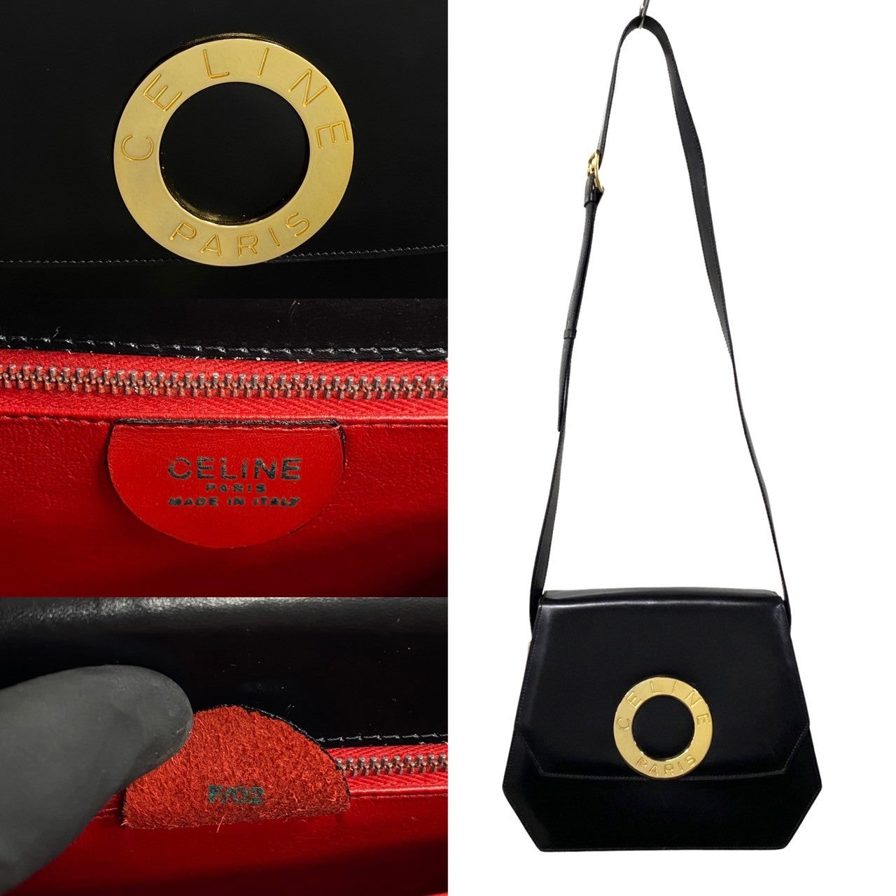 Celine Shoulder Bag Calfskin Black Circle Logo Women Used Authentic