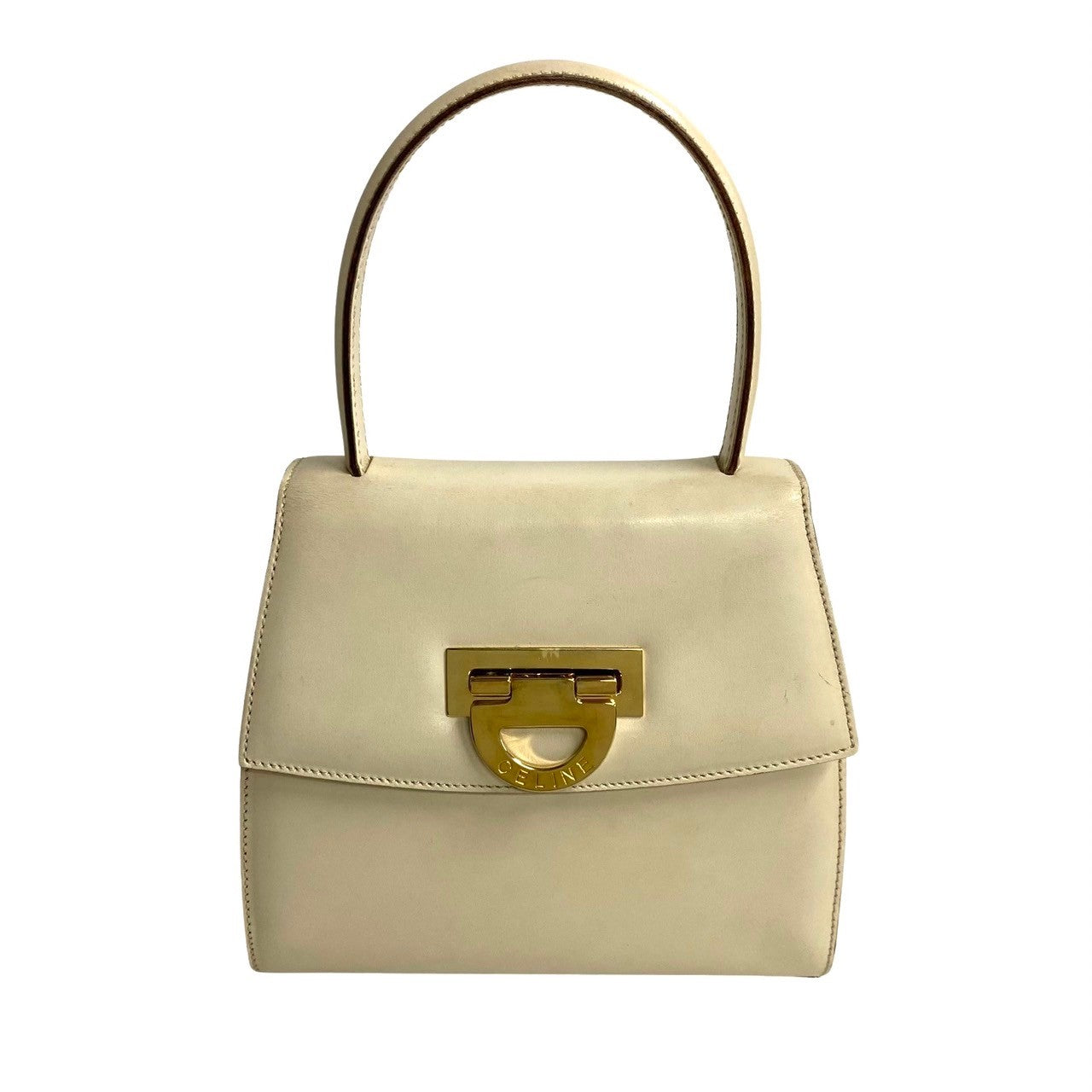 Celine Handbag Calfskin White Logo Metal Women Used Authentic