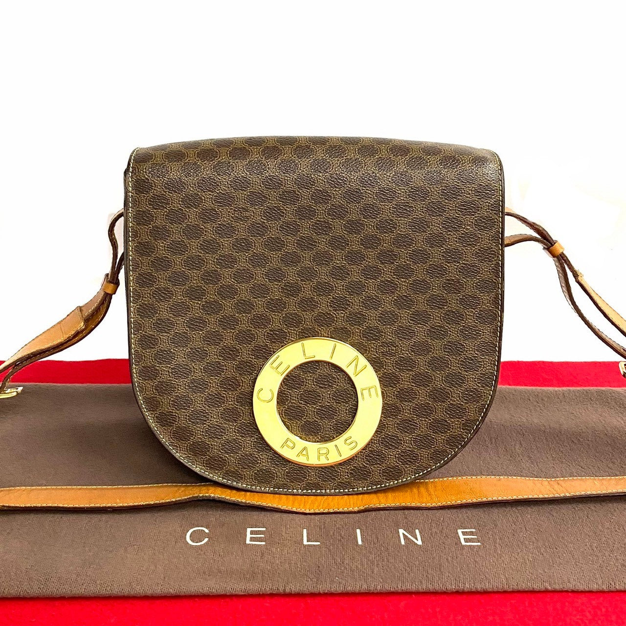 Celine Shoulder Bag Leather, Pvc Brown Macadam Women Used Authentic