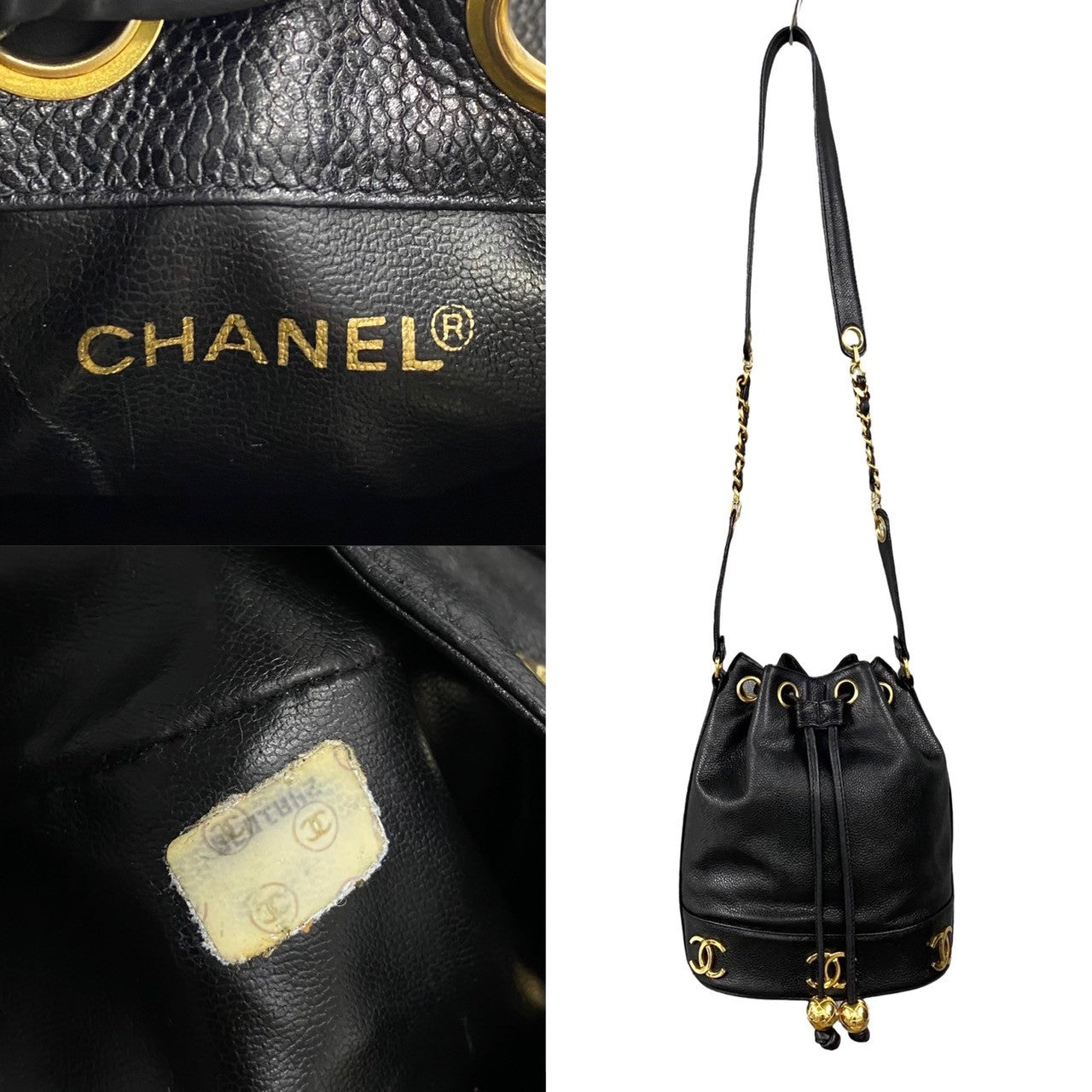 Chanel Shoulder Bag Leather Black Caviar Skin Women Used Authentic