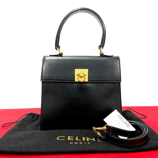 Celine Shoulder Bag Calfskin, Leather Black Logo Ring Metal Women Used Authentic