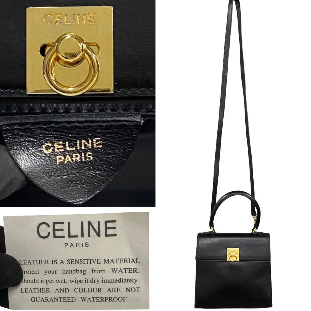 Celine Shoulder Bag Calfskin, Leather Black Logo Ring Metal Women Used Authentic