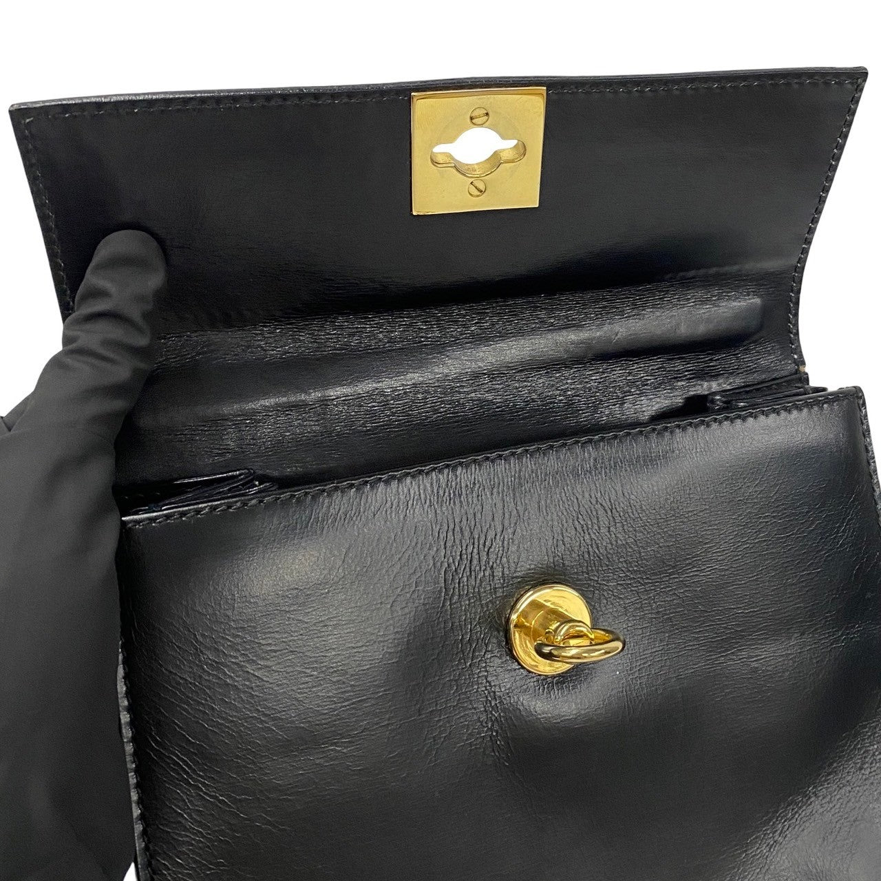 Celine Shoulder Bag Calfskin, Leather Black Logo Ring Metal Women Used Authentic