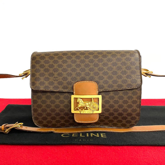 Celine Shoulder Bag Leather, Pvc Brown Macadam Blason Triomphe Pattern Carriage Metal Women Used Authentic