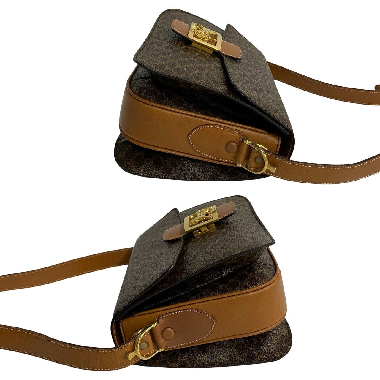 Celine Shoulder Bag Leather, Pvc Brown Macadam Blason Triomphe Pattern Carriage Metal Women Used Authentic