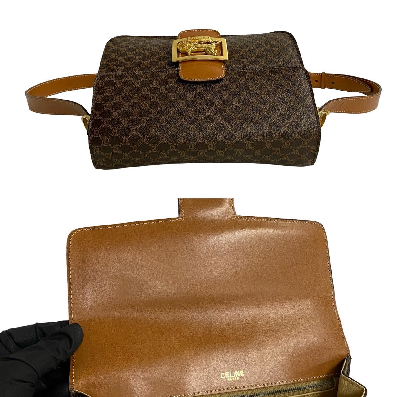 Celine Shoulder Bag Leather, Pvc Brown Macadam Blason Triomphe Pattern Carriage Metal Women Used Authentic