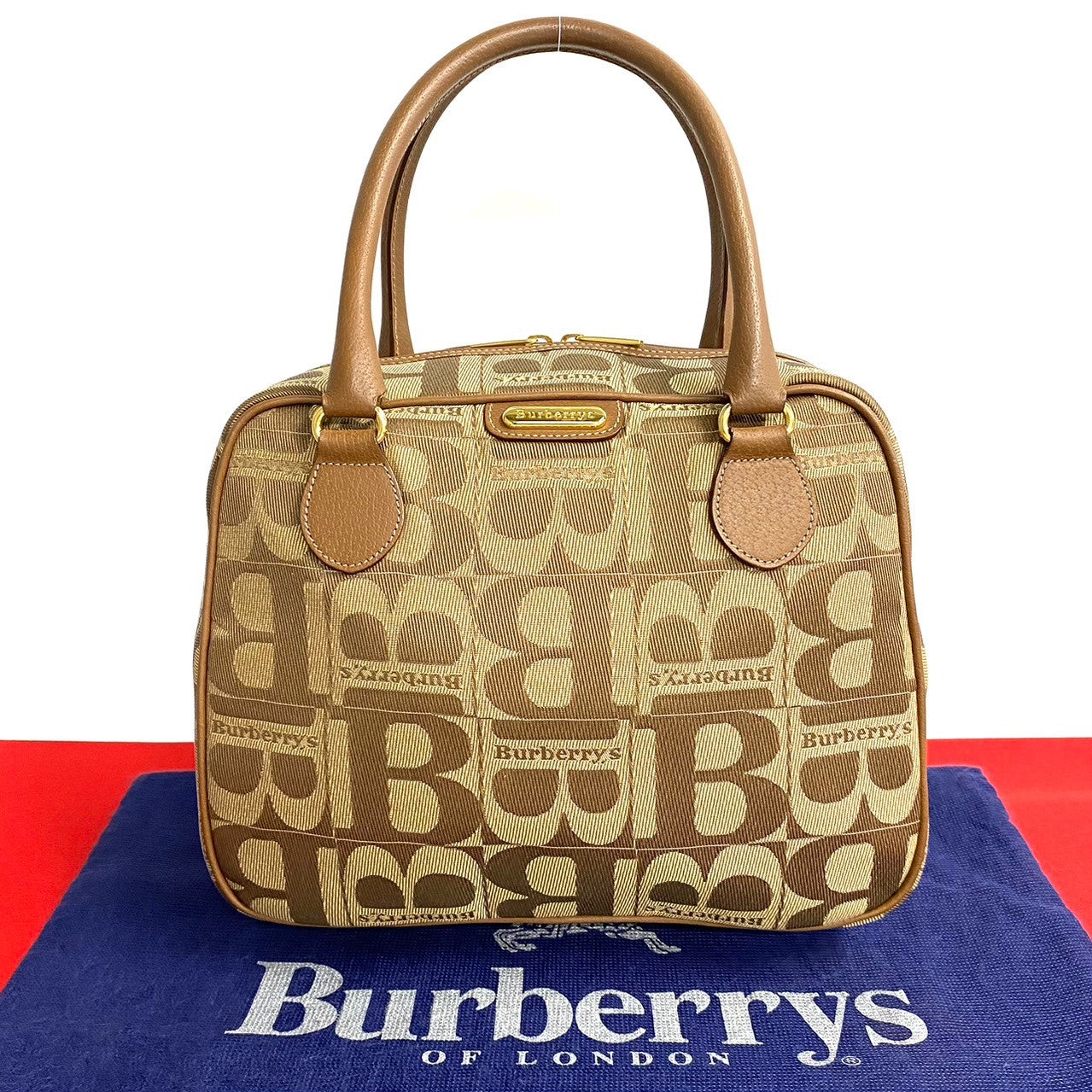 Burberry Handbag Leather, Canvas Brown B Logo Pattern Women Used Authentic